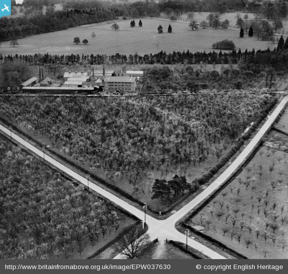 Orchards surrounding the Naunton Field Jam Factory, Toddington, 1932 - Britain from Above